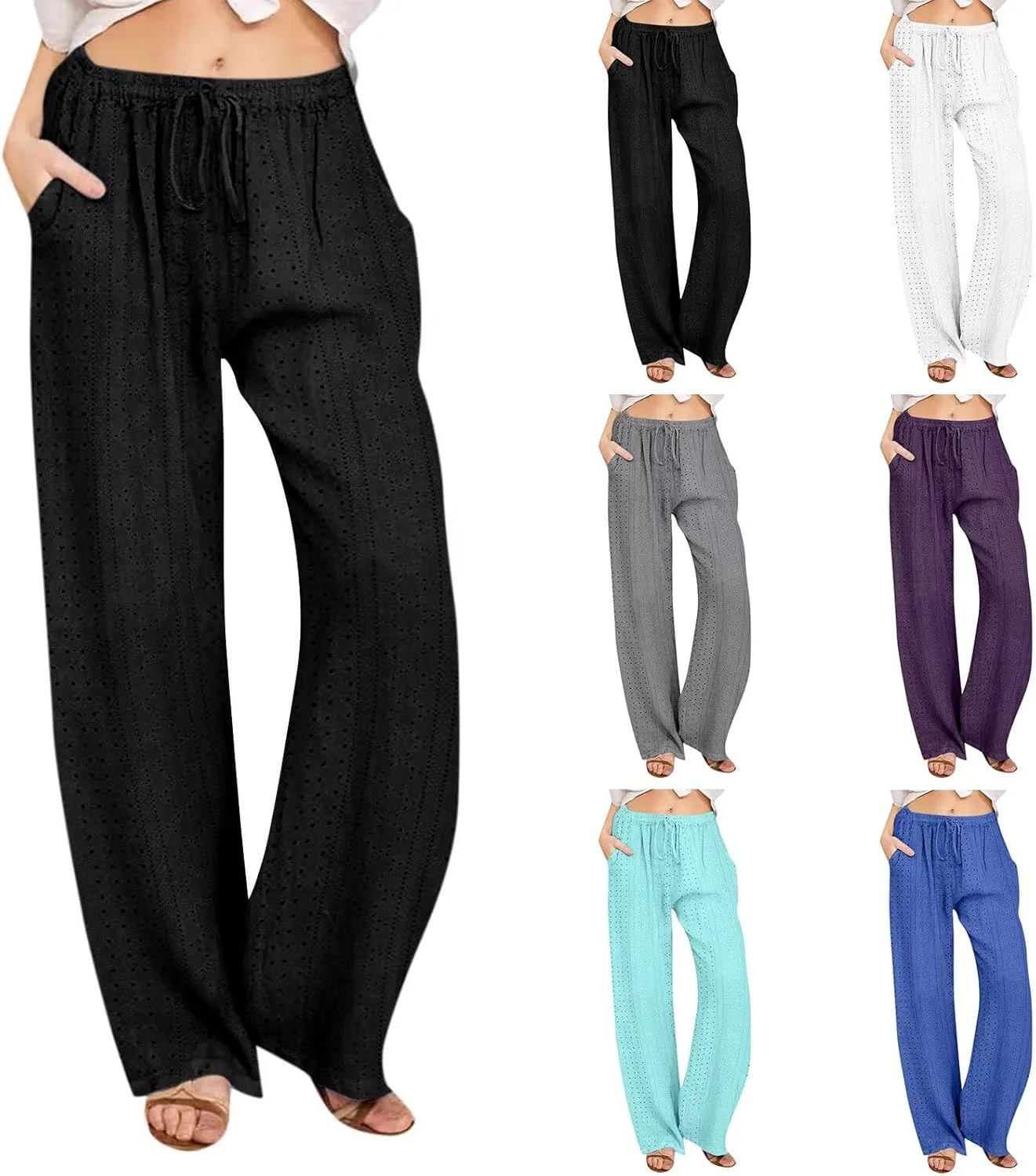 fartey Womens Summer Beach Pants Cotton Linen Oversized Palazzo Trousers Elastic Drawstring Waist Boho Outfit with Pockets