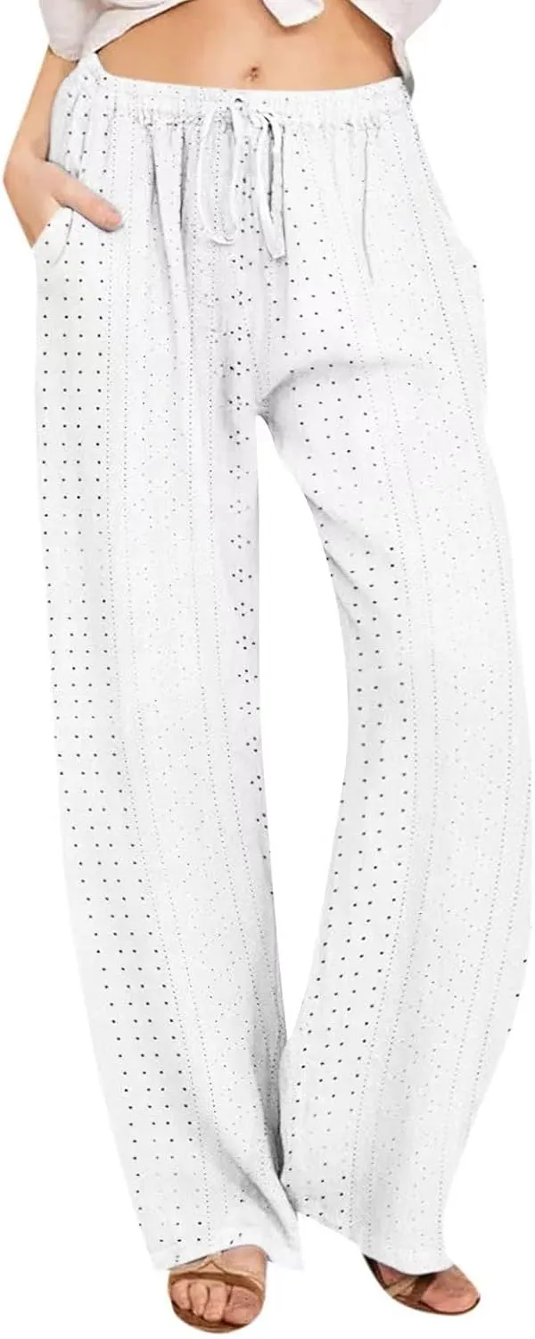 fartey Womens Summer Beach Pants Cotton Linen Oversized Palazzo Trousers Elastic Drawstring Waist Boho Outfit with Pockets