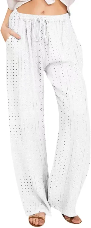 fartey Womens Summer Beach Pants Cotton Linen Oversized Palazzo Trousers Elastic Drawstring Waist Boho Outfit with Pockets