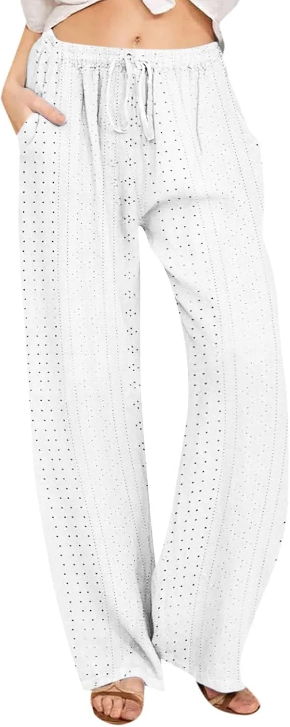 fartey Womens Summer Beach Pants Cotton Linen Oversized Palazzo Trousers Elastic Drawstring Waist Boho Outfit with Pockets