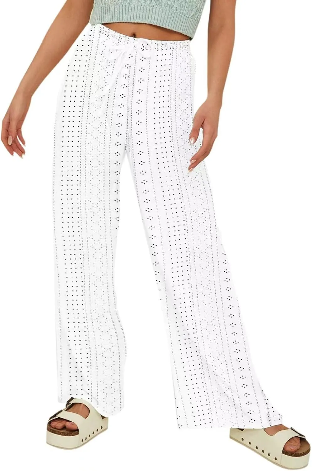 fartey Womens Summer Beach Pants Cotton Linen Oversized Palazzo Trousers Elastic Drawstring Waist Boho Outfit with Pockets