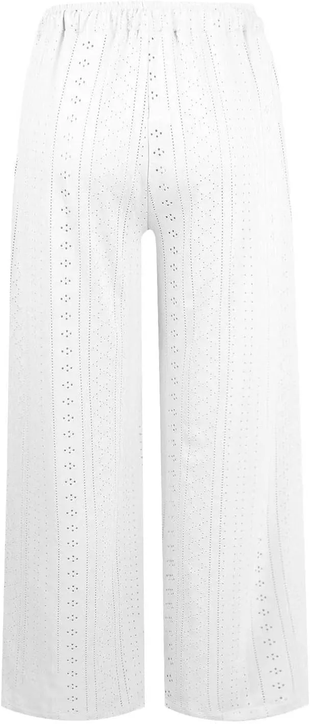 fartey Womens Summer Beach Pants Cotton Linen Oversized Palazzo Trousers Elastic Drawstring Waist Boho Outfit with Pockets