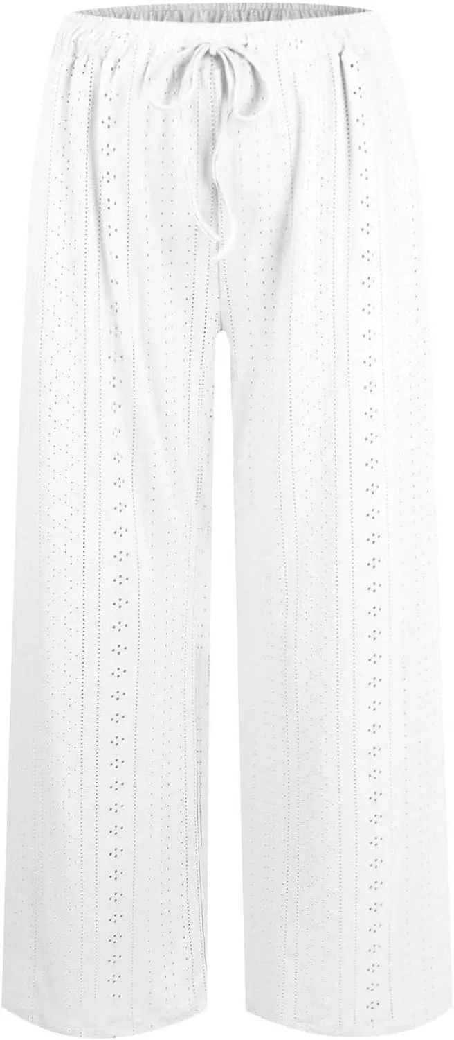 fartey Womens Summer Beach Pants Cotton Linen Oversized Palazzo Trousers Elastic Drawstring Waist Boho Outfit with Pockets