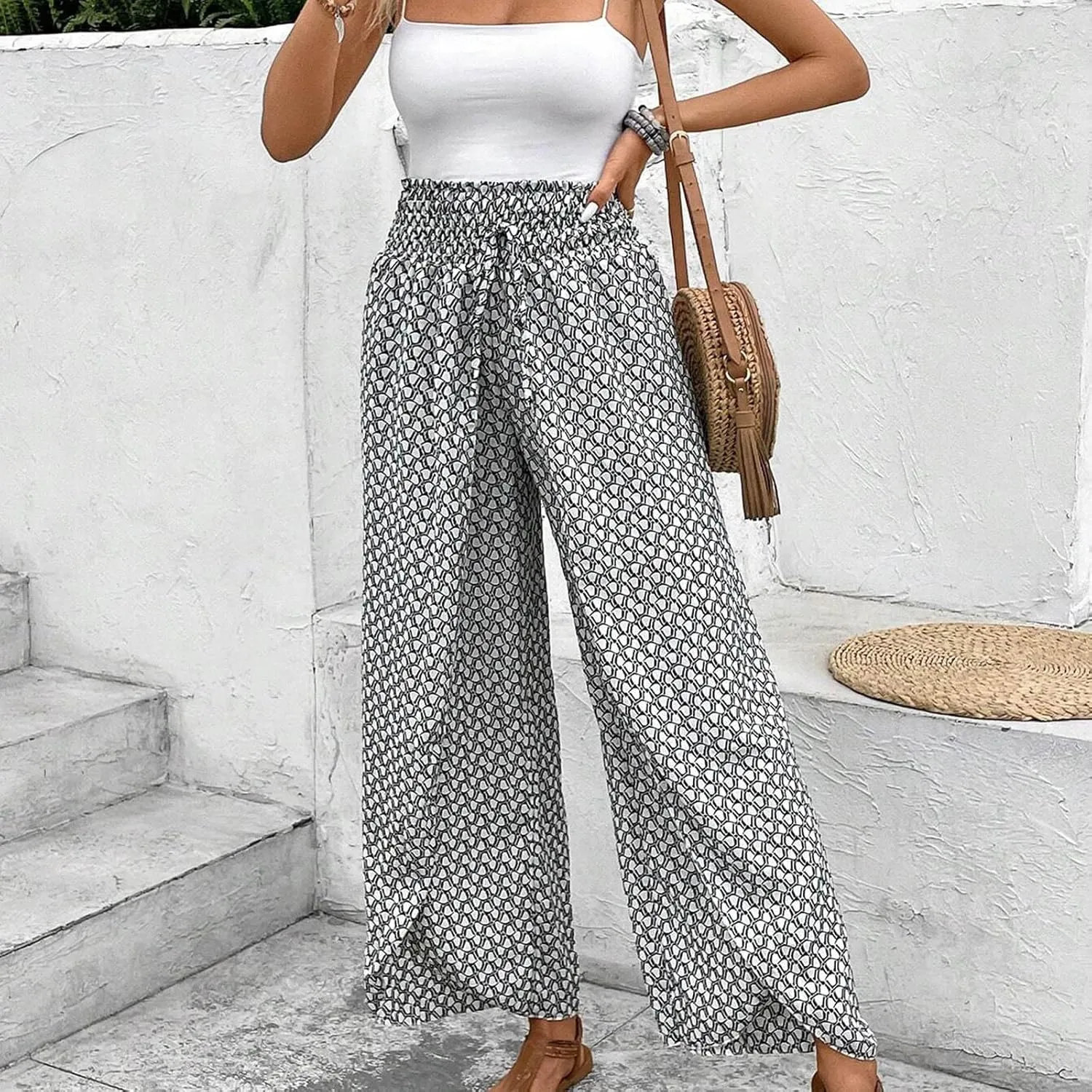 Fashion Drawstring Summer Pant for Womens Wide Leg Pants High Waist Flowy Trousers Floral Fitting Casual Lounge Pants