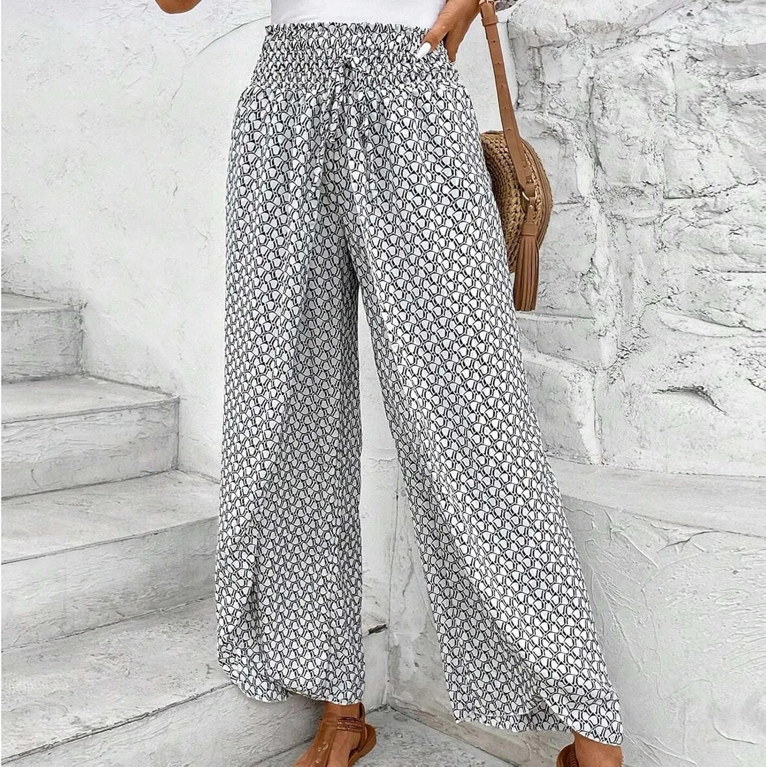 Fashion Drawstring Summer Pant for Womens Wide Leg Pants High Waist Flowy Trousers Floral Fitting Casual Lounge Pants