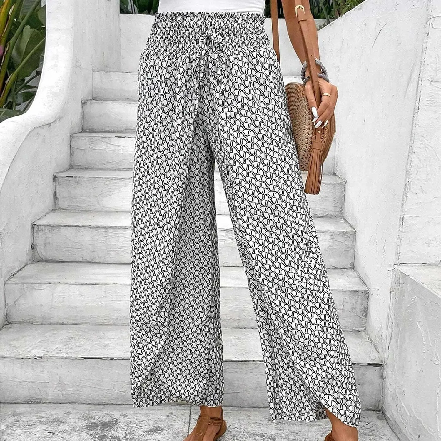 Fashion Drawstring Summer Pant for Womens Wide Leg Pants High Waist Flowy Trousers Floral Fitting Casual Lounge Pants