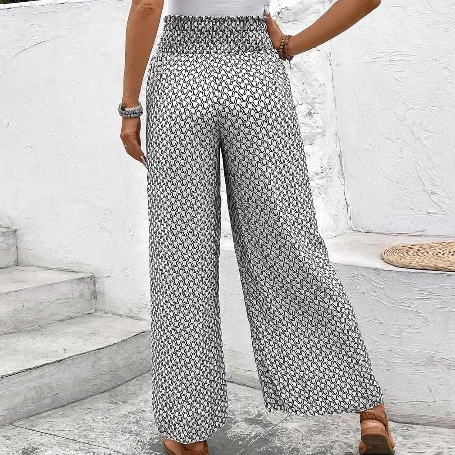 Fashion Drawstring Summer Pant for Womens Wide Leg Pants High Waist Flowy Trousers Floral Fitting Casual Lounge Pants