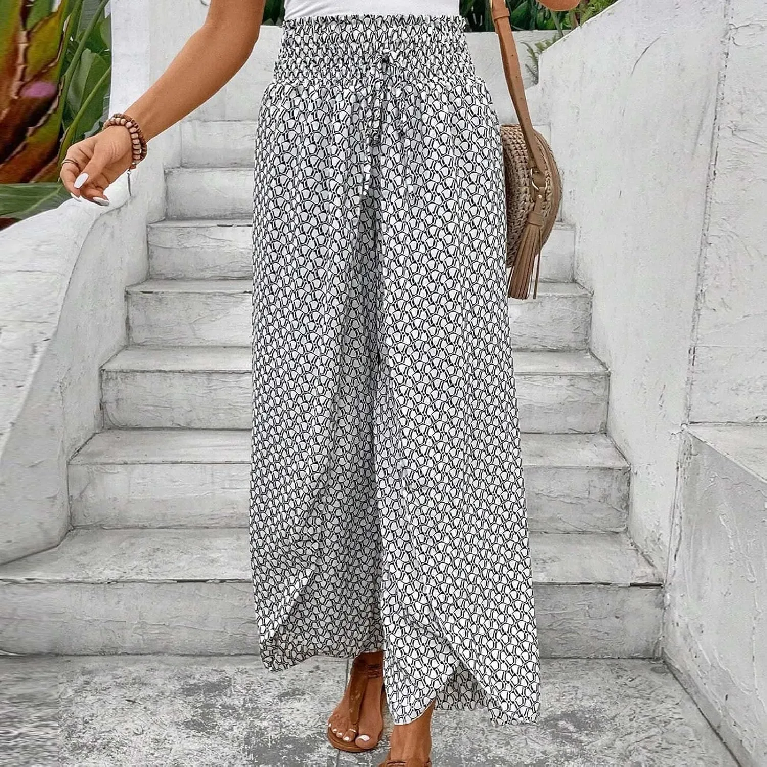 Fashion Drawstring Summer Pant for Womens Wide Leg Pants High Waist Flowy Trousers Floral Fitting Casual Lounge Pants