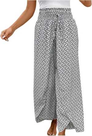 Fashion Drawstring Summer Pant for Womens Wide Leg Pants High Waist Flowy Trousers Floral Fitting Casual Lounge Pants