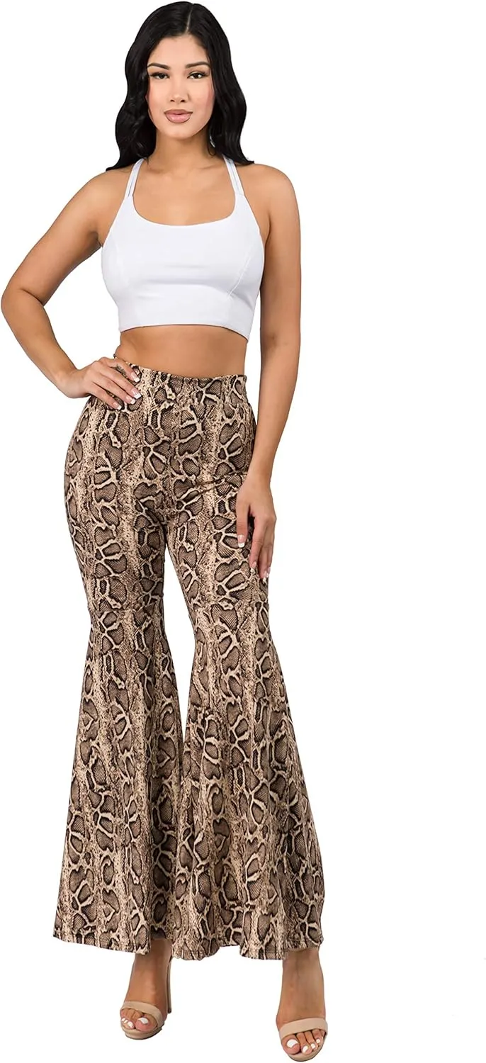 FASHIONOMICS Women's USA Fashion Boho Print & Solid Comfy Stretchy Bell Bottom Flare Palazzo Pants