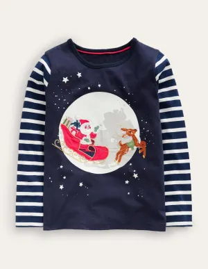 Festive Applique T-shirt-French Navy Sleigh Scene