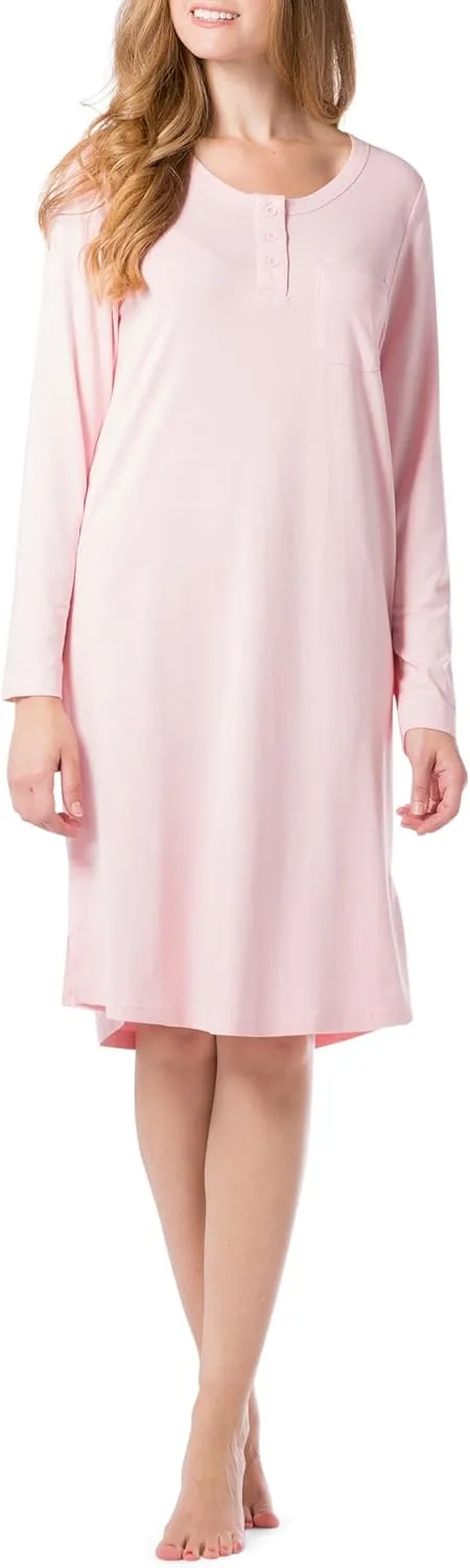 Fishers Finery Women's EcoFabric Henley Nightshirt | Long Sleeve | Below Knee | EcoFlannel EcoFleece Options