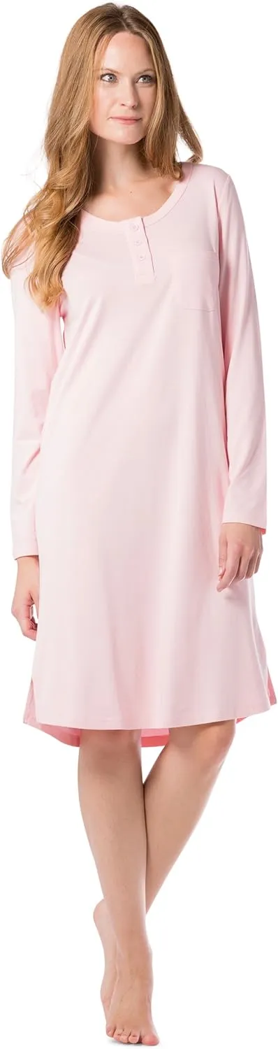 Fishers Finery Women's EcoFabric Henley Nightshirt | Long Sleeve | Below Knee | EcoFlannel EcoFleece Options