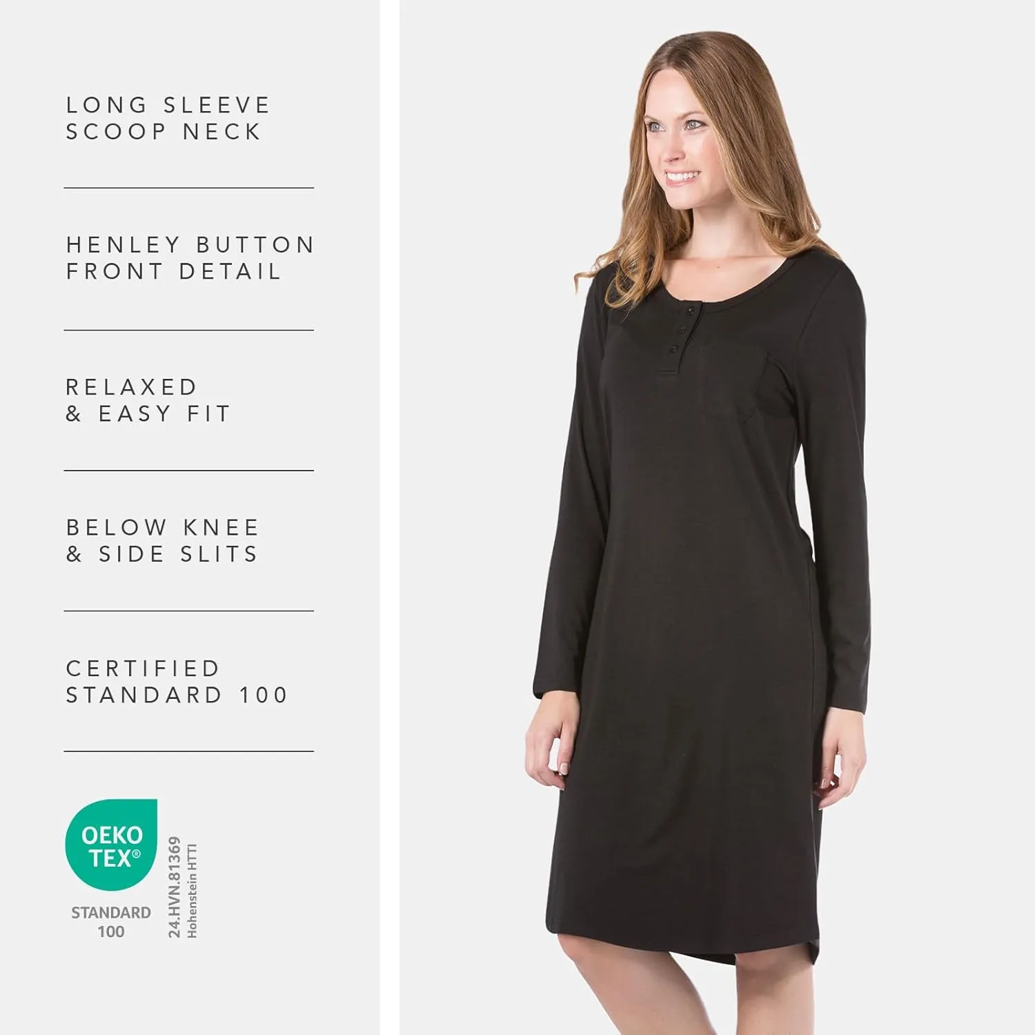 Fishers Finery Women's EcoFabric Henley Nightshirt | Long Sleeve | Below Knee | EcoFlannel EcoFleece Options