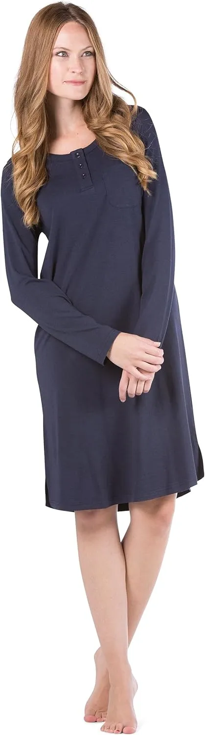Fishers Finery Women's EcoFabric Henley Nightshirt | Long Sleeve | Below Knee | EcoFlannel EcoFleece Options
