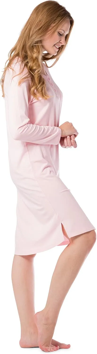 Fishers Finery Women's EcoFabric Henley Nightshirt | Long Sleeve | Below Knee | EcoFlannel EcoFleece Options