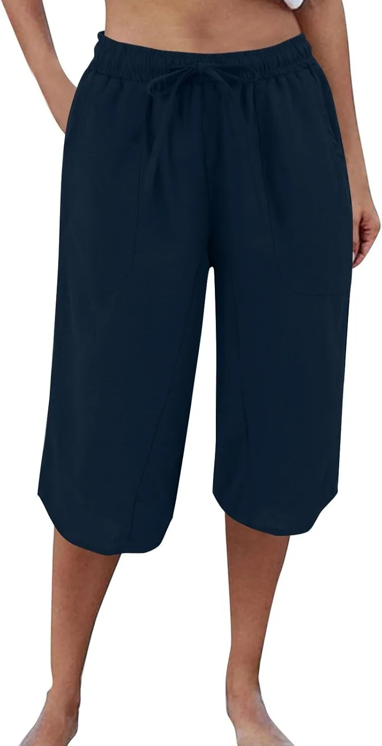FlekmanArt Womens Capris for Summer Cotton Linen Pants Casual 2025 Loose Comfy Elastic Waist Cropped Trouser Beach Clothes
