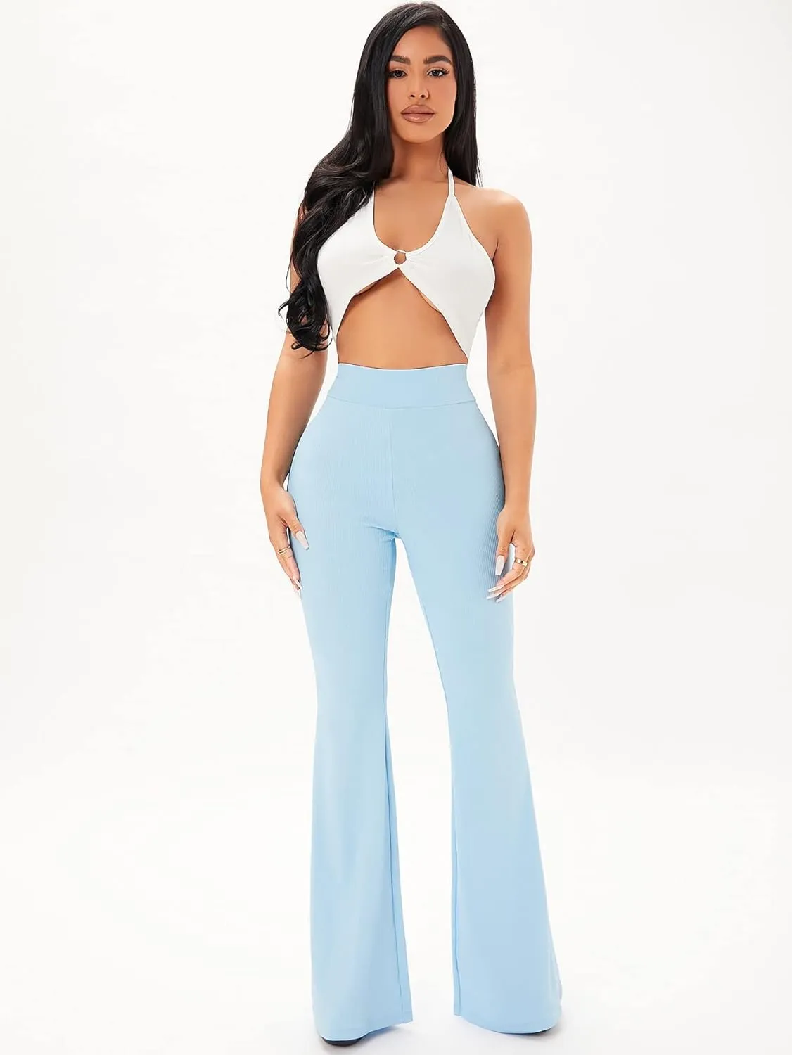Floerns Women's High Waist Stretchy Bell Bottom Wide Leg Office Pants