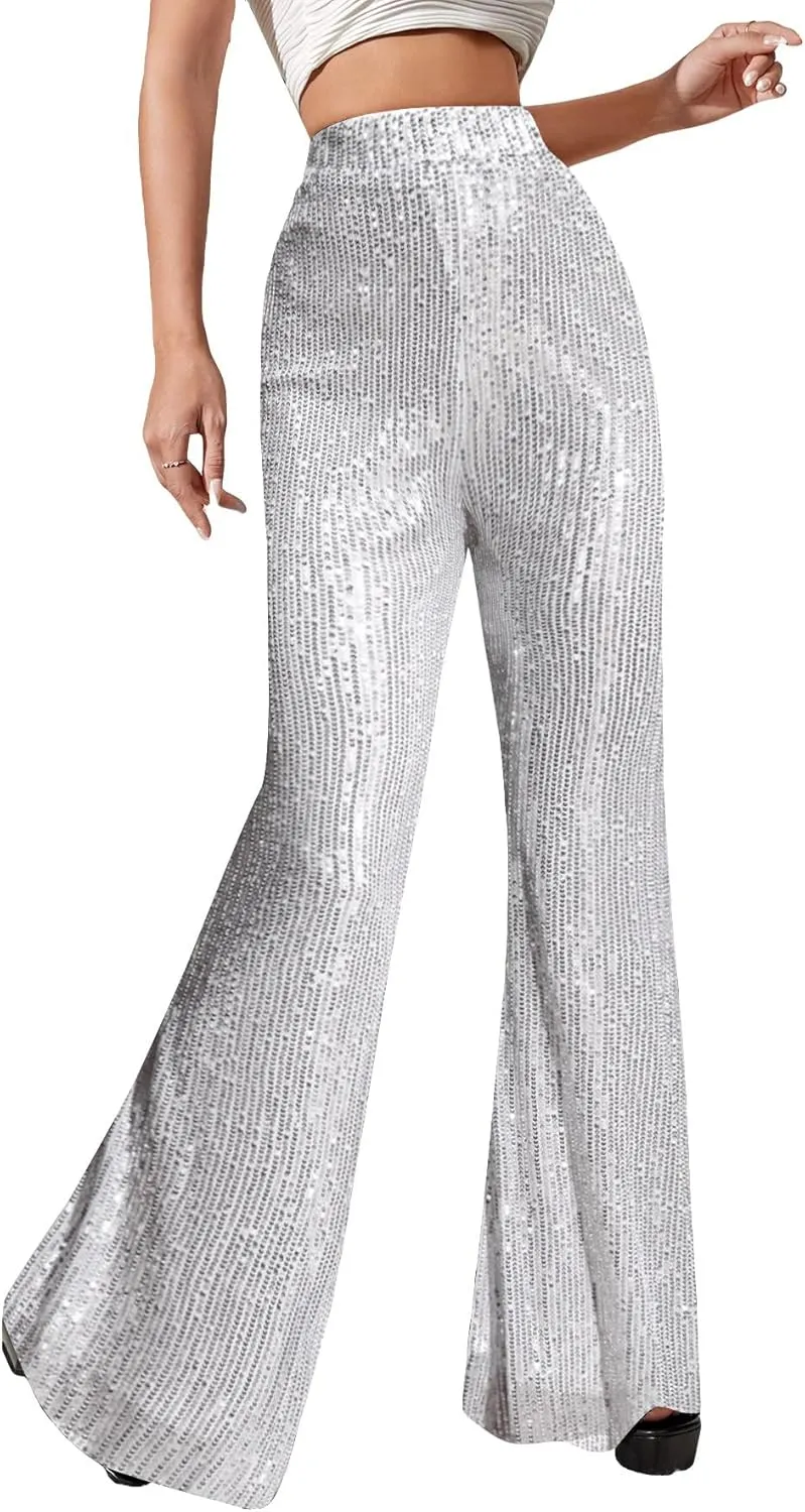 Floerns Women's Sequin High Waist Flare Leg Pants Bell Bottom Club Trousers