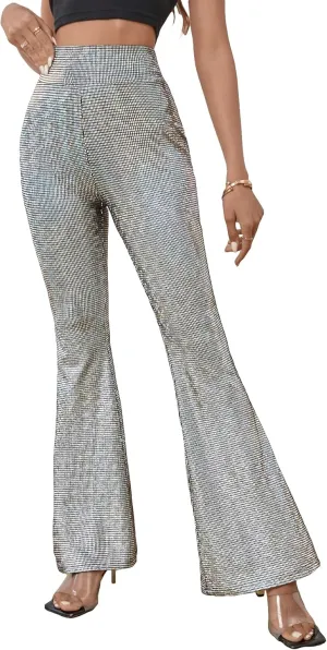 Floerns Women's Sequin High Waist Flare Leg Pants Bell Bottom Club Trousers
