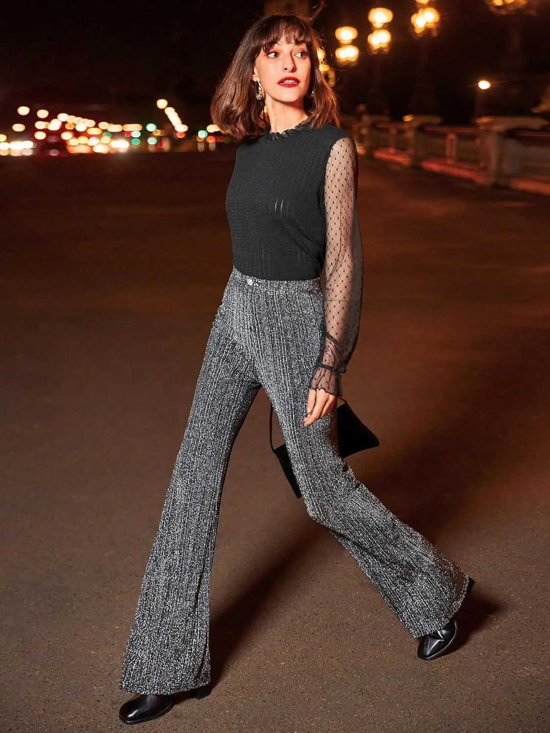 Floerns Women's Sequin High Waist Flare Leg Pants Bell Bottom Club Trousers