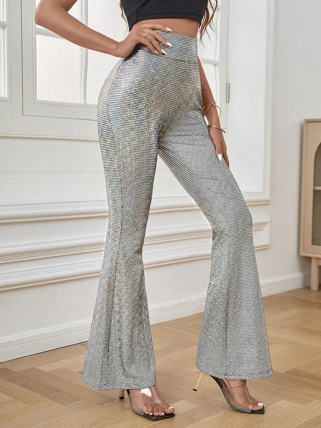 Floerns Women's Sequin High Waist Flare Leg Pants Bell Bottom Club Trousers