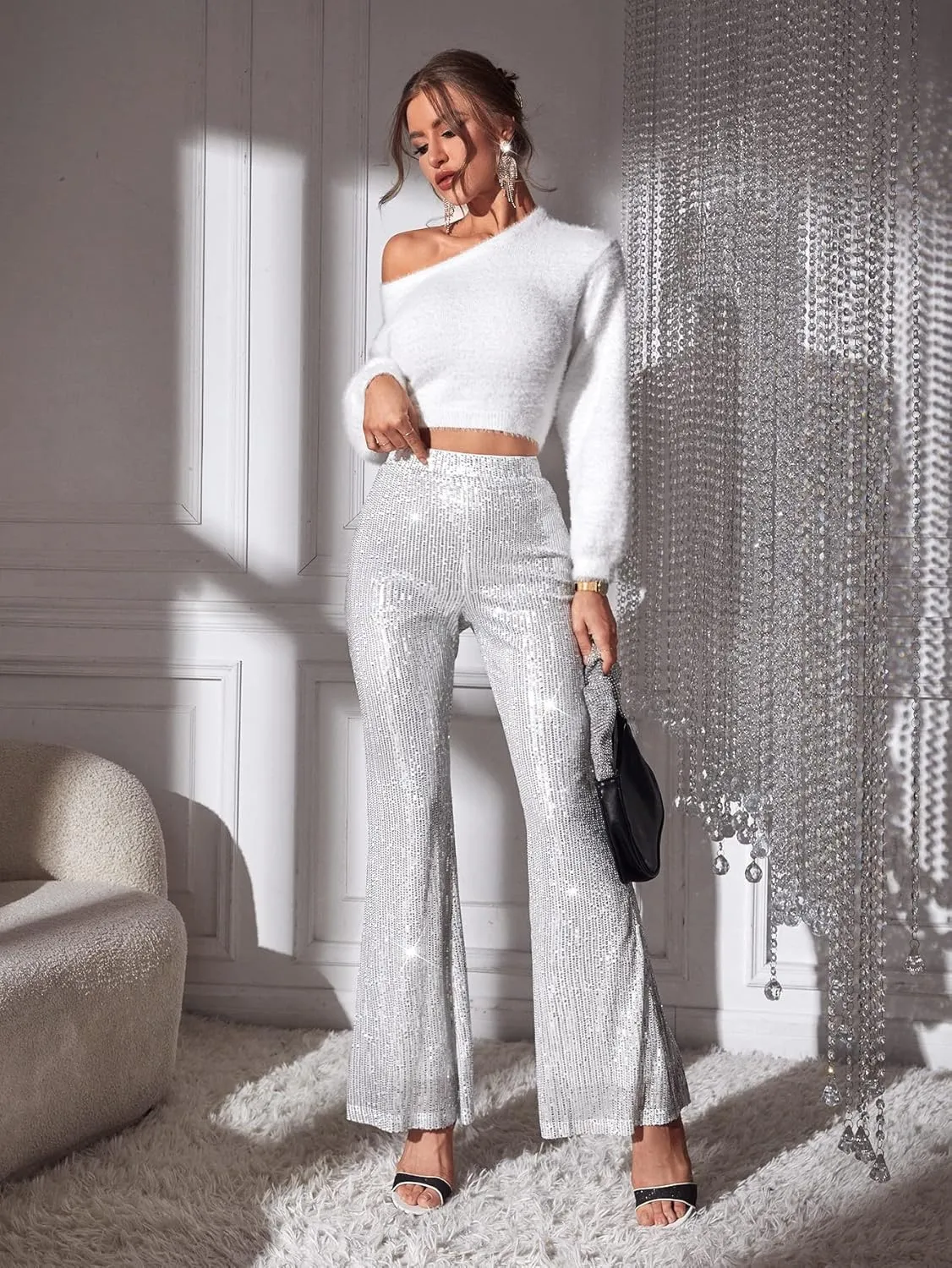 Floerns Women's Sequin High Waist Flare Leg Pants Bell Bottom Club Trousers
