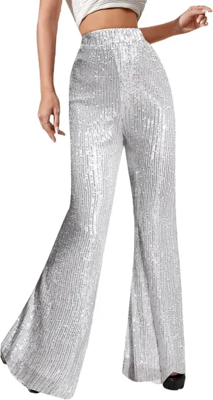 Floerns Women's Sequin High Waist Flare Leg Pants Bell Bottom Club Trousers