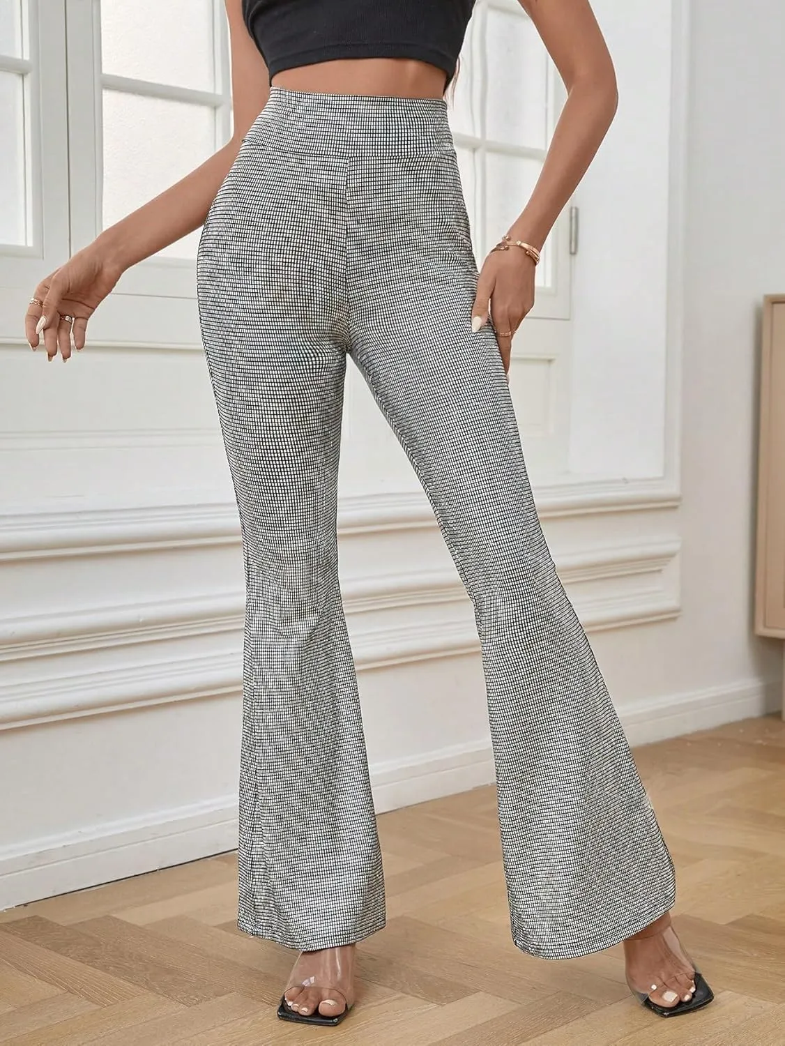 Floerns Women's Sequin High Waist Flare Leg Pants Bell Bottom Club Trousers