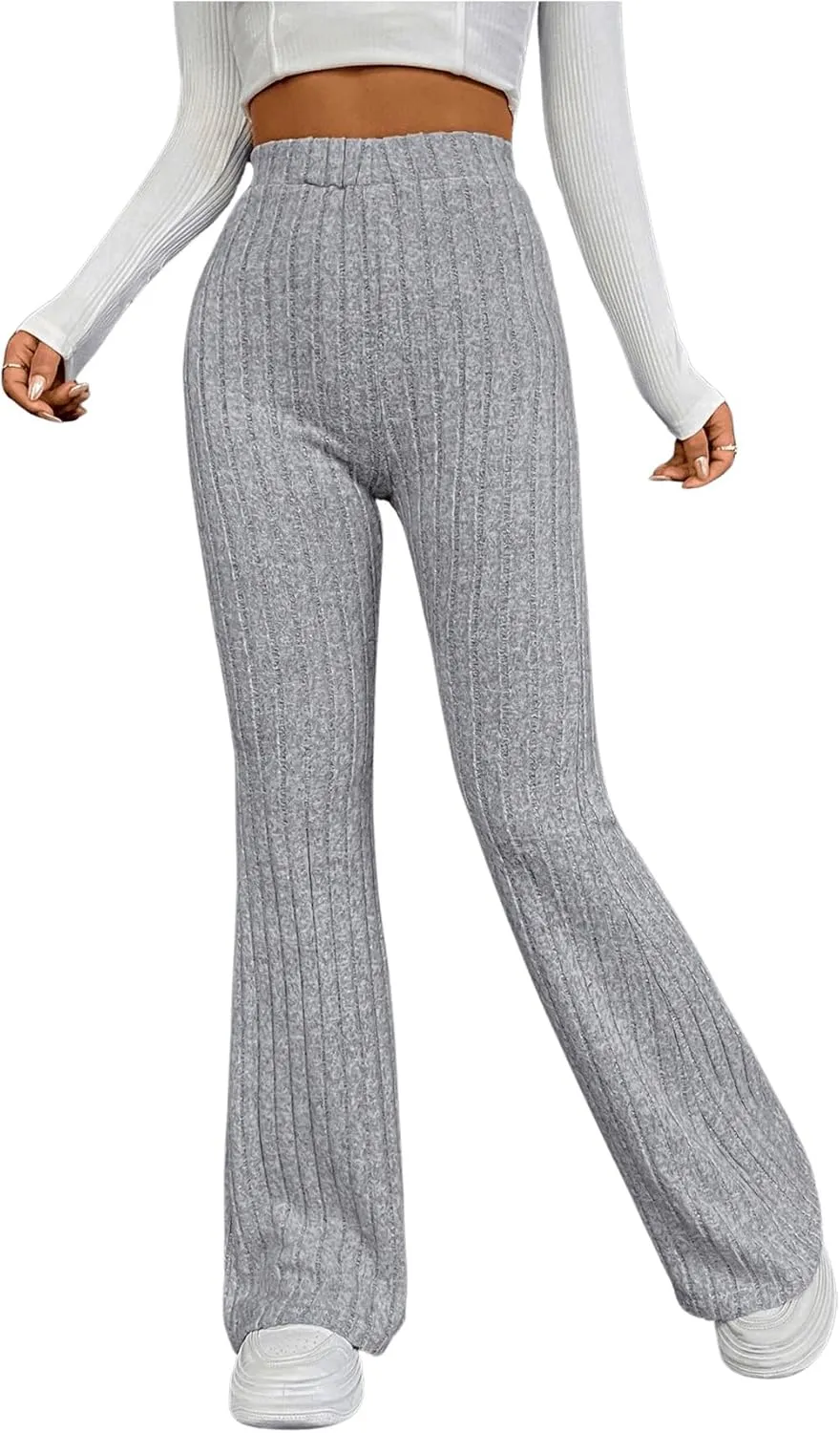 Floerns Women's Solid High Waist Flare Leg Pants Rib Knit Bell Bottom Trousers