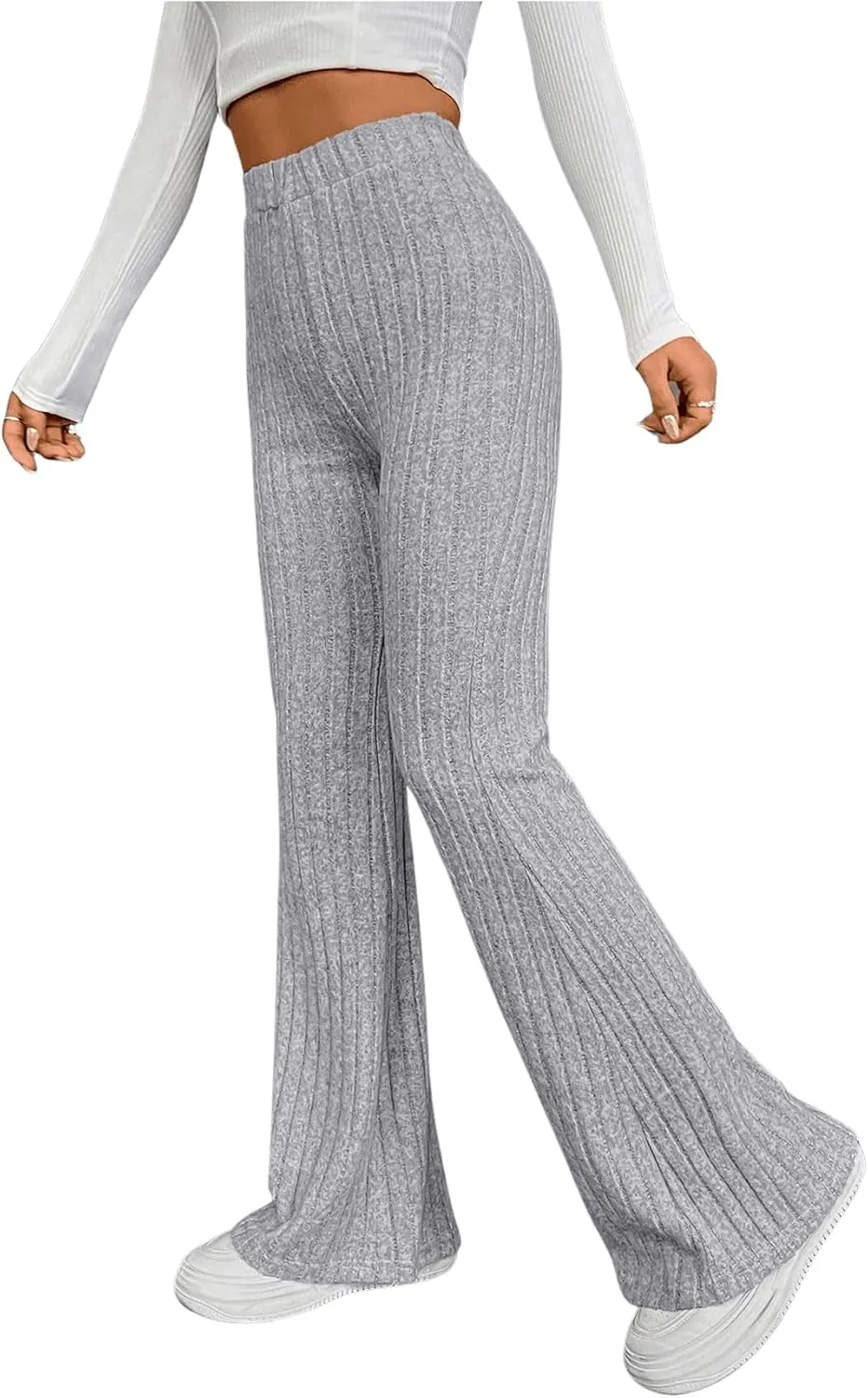 Floerns Women's Solid High Waist Flare Leg Pants Rib Knit Bell Bottom Trousers