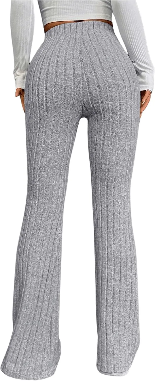 Floerns Women's Solid High Waist Flare Leg Pants Rib Knit Bell Bottom Trousers