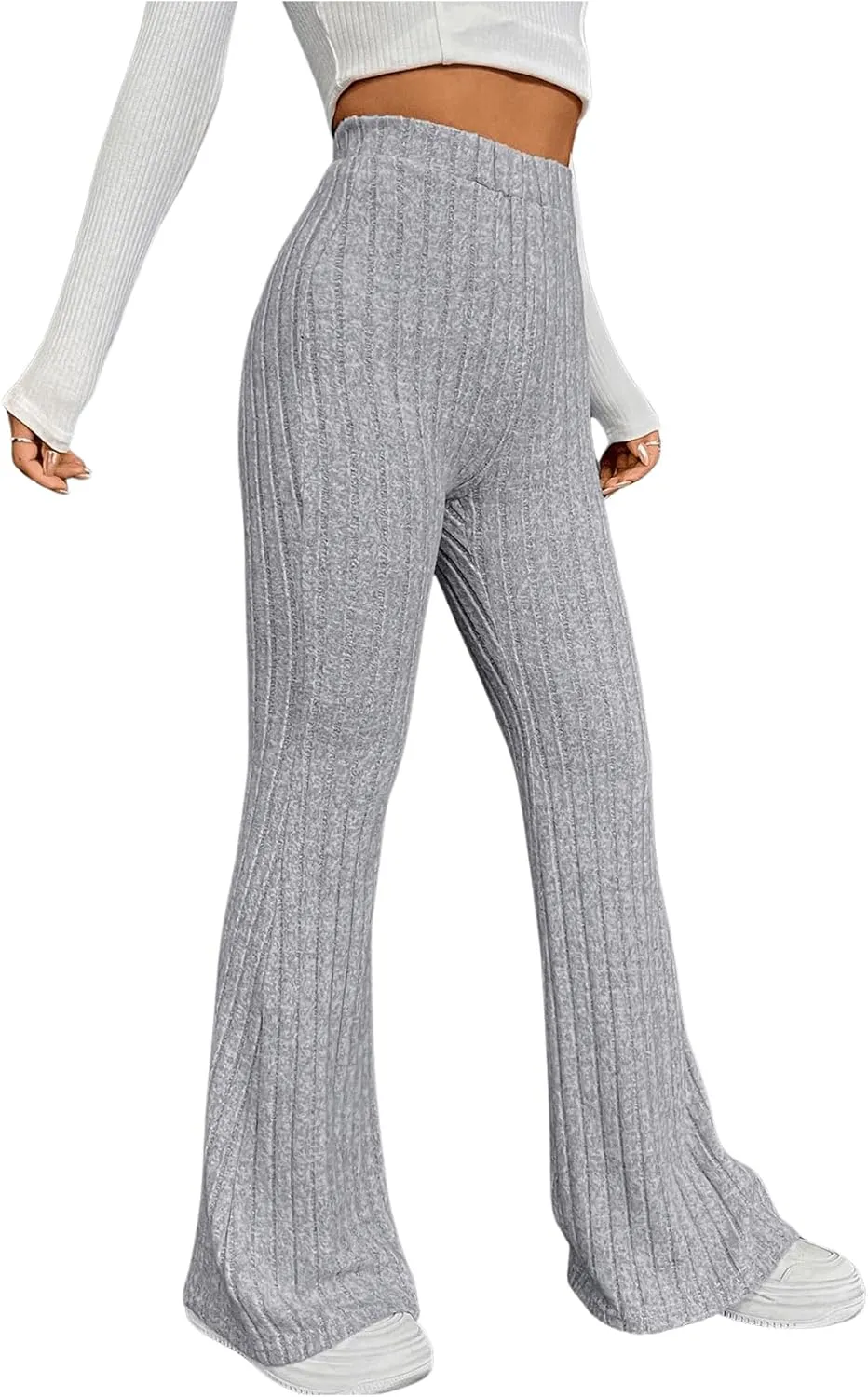 Floerns Women's Solid High Waist Flare Leg Pants Rib Knit Bell Bottom Trousers