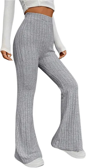 Floerns Women's Solid High Waist Flare Leg Pants Rib Knit Bell Bottom Trousers