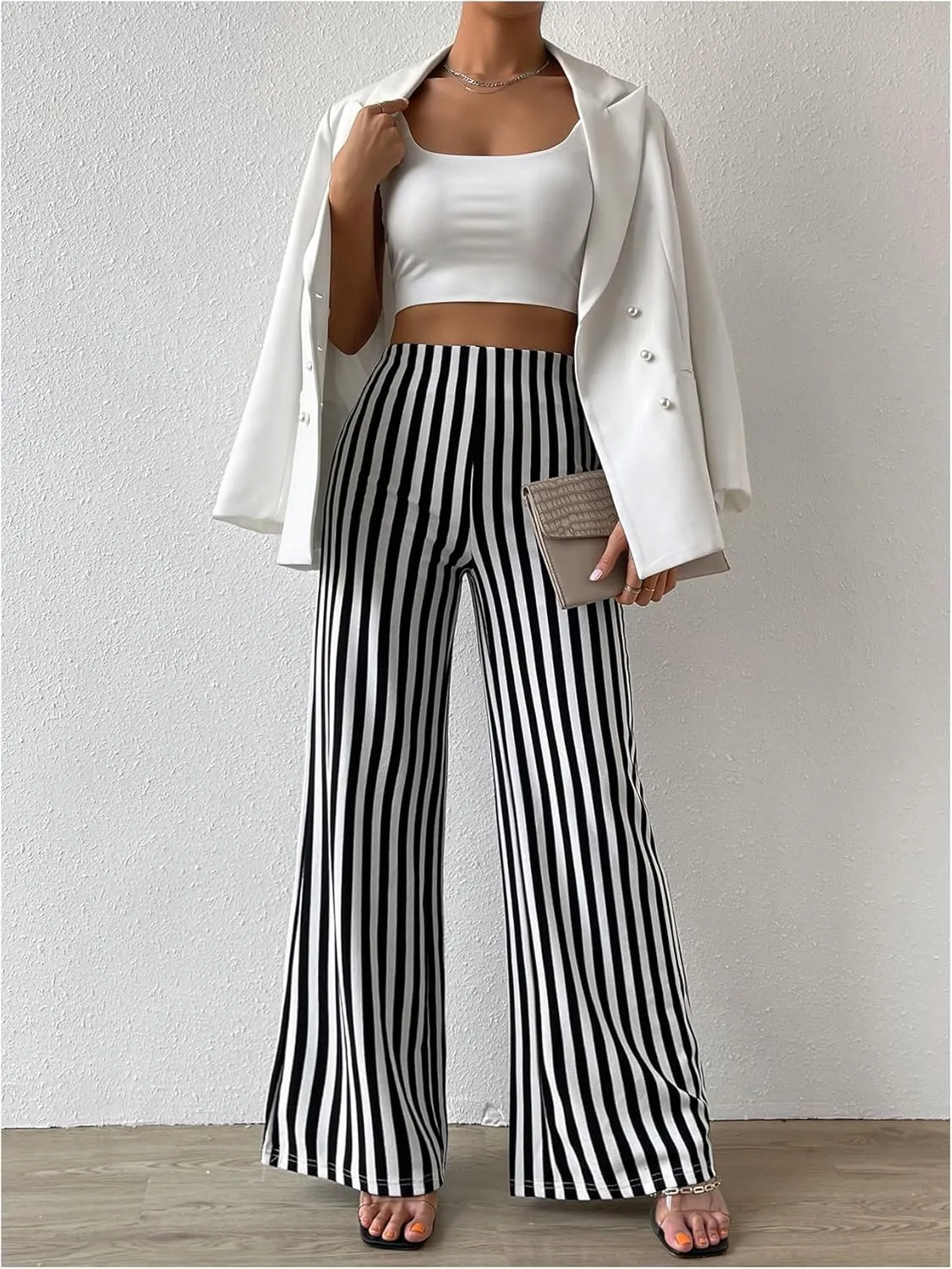 Floerns Women's Striped Print Flare Leg Trousers High Waist Bell Bottom Work Pants
