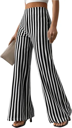 Floerns Women's Striped Print Flare Leg Trousers High Waist Bell Bottom Work Pants
