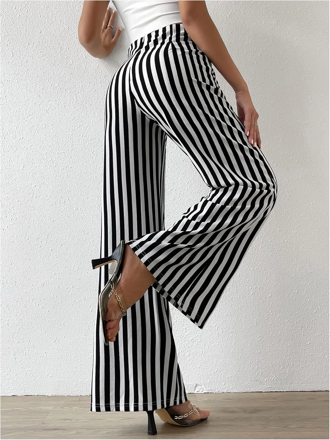 Floerns Women's Striped Print Flare Leg Trousers High Waist Bell Bottom Work Pants
