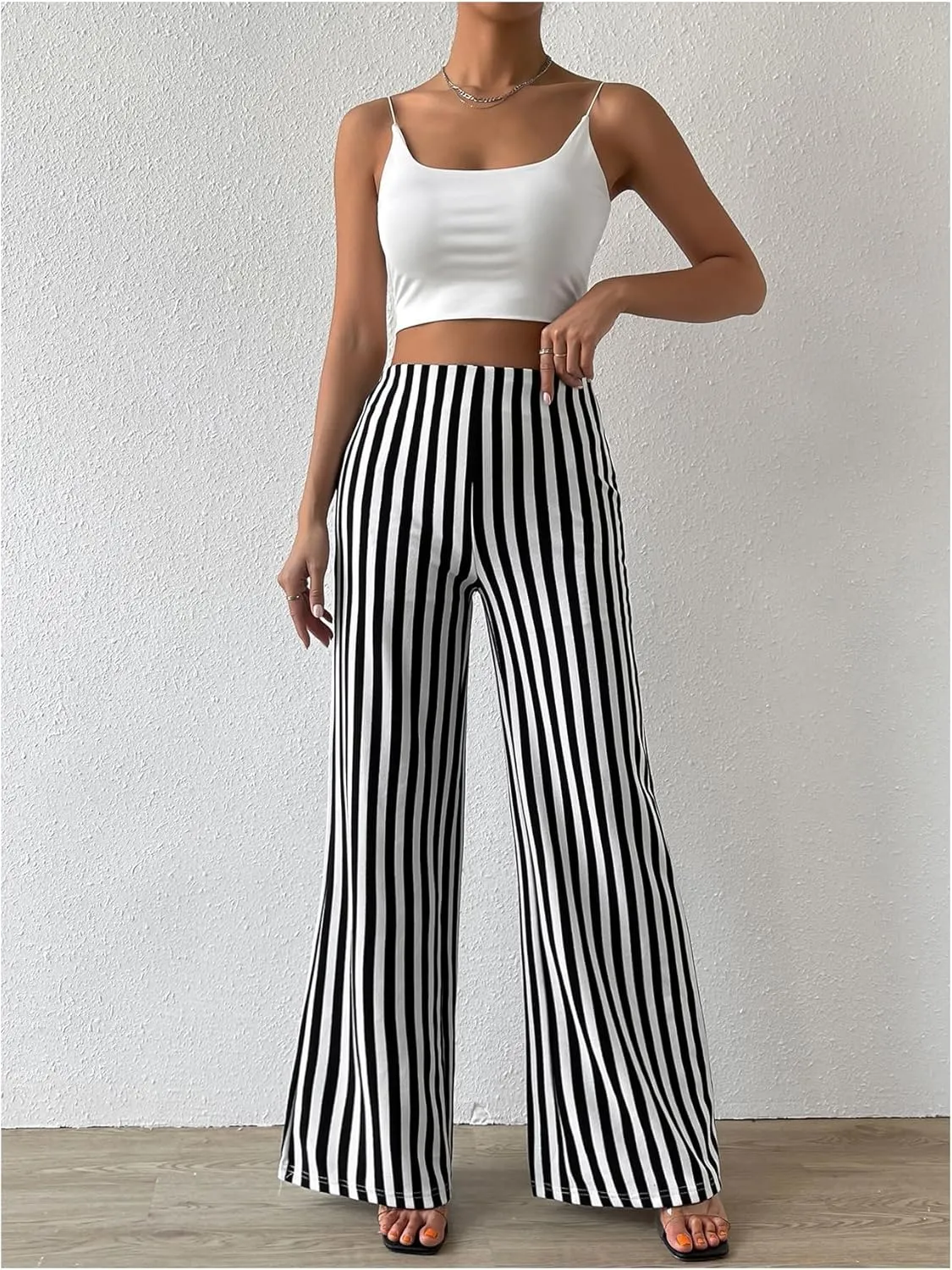 Floerns Women's Striped Print Flare Leg Trousers High Waist Bell Bottom Work Pants