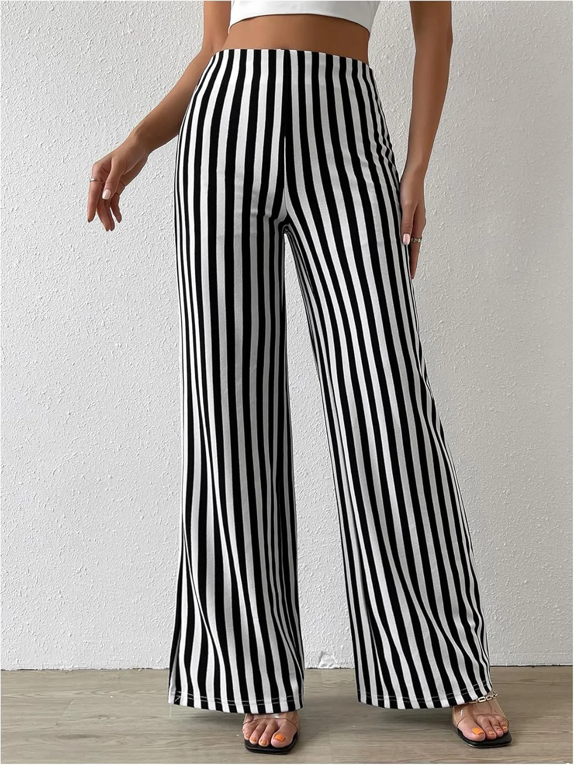 Floerns Women's Striped Print Flare Leg Trousers High Waist Bell Bottom Work Pants