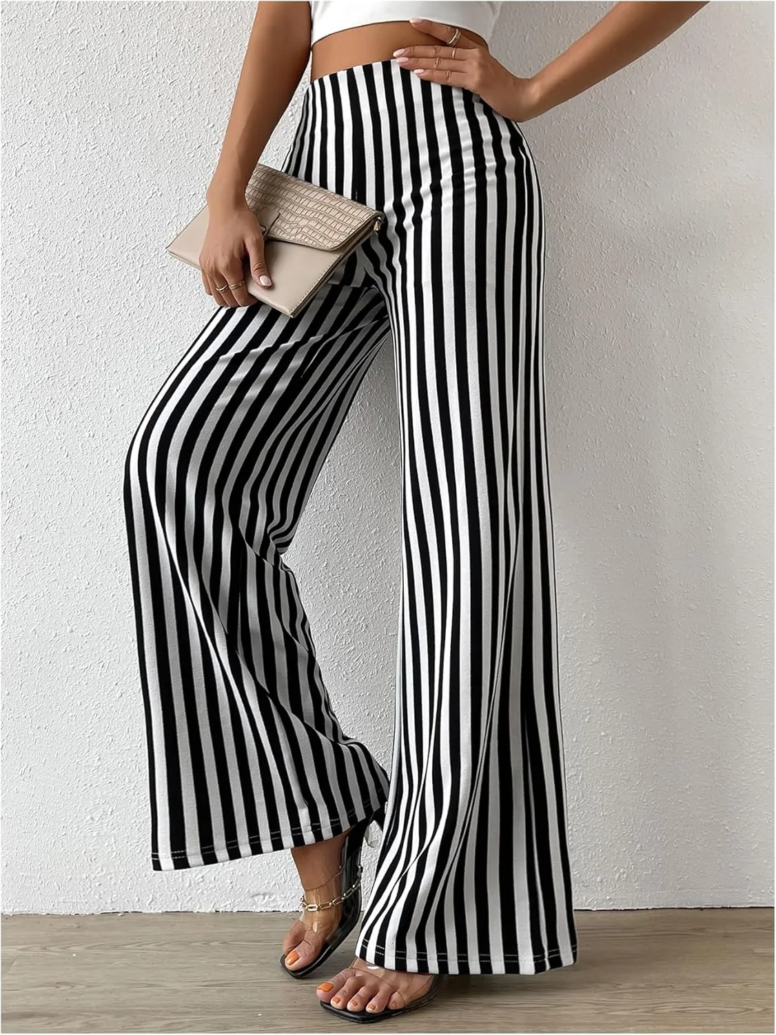 Floerns Women's Striped Print Flare Leg Trousers High Waist Bell Bottom Work Pants