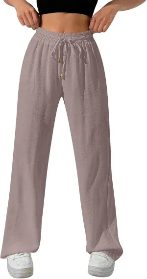 Flowy Linen Pants for Women Summer Wide Legs Pants Drawstring High Waisted Trouser Dressy Palazzo Pant with Pockets