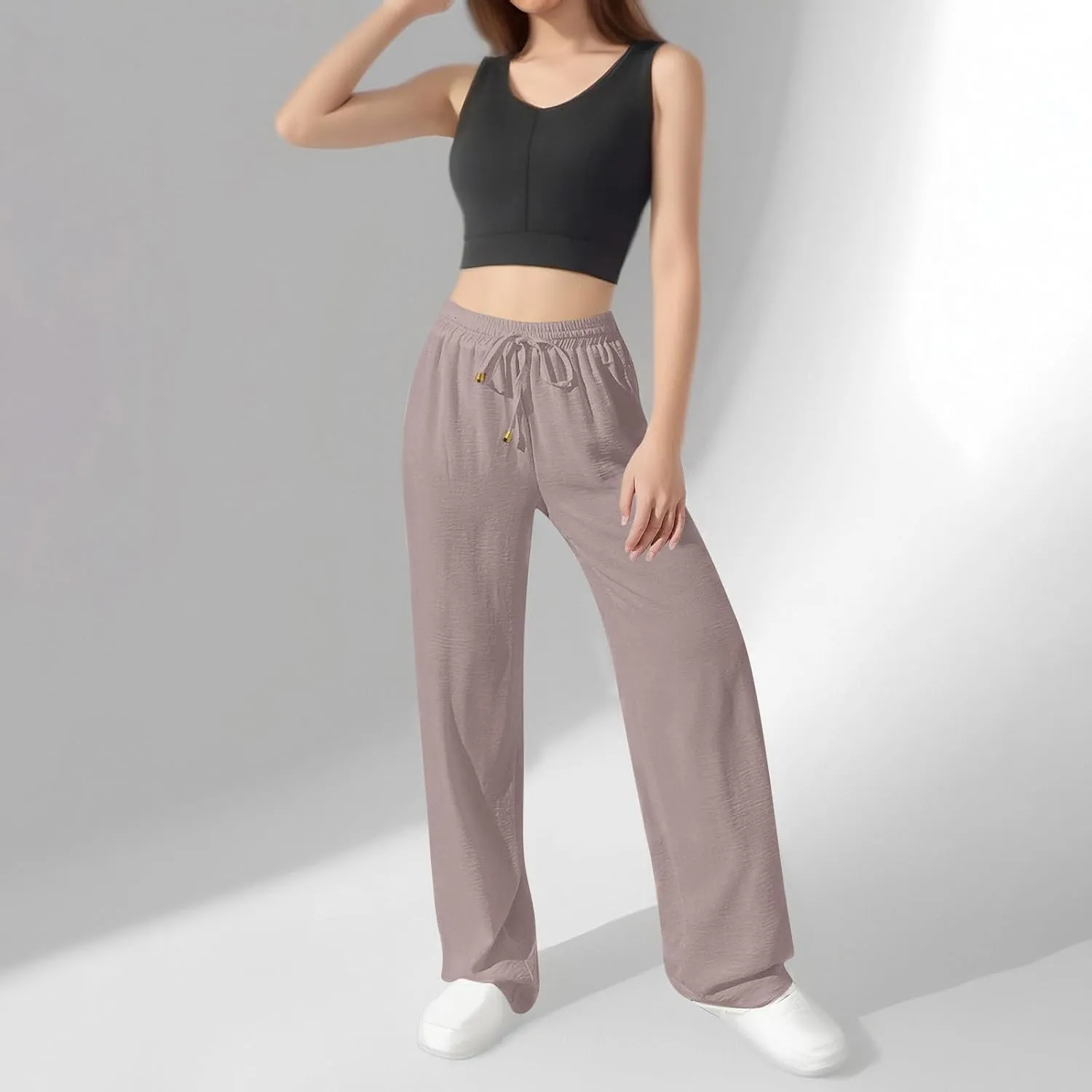 Flowy Linen Pants for Women Summer Wide Legs Pants Drawstring High Waisted Trouser Dressy Palazzo Pant with Pockets