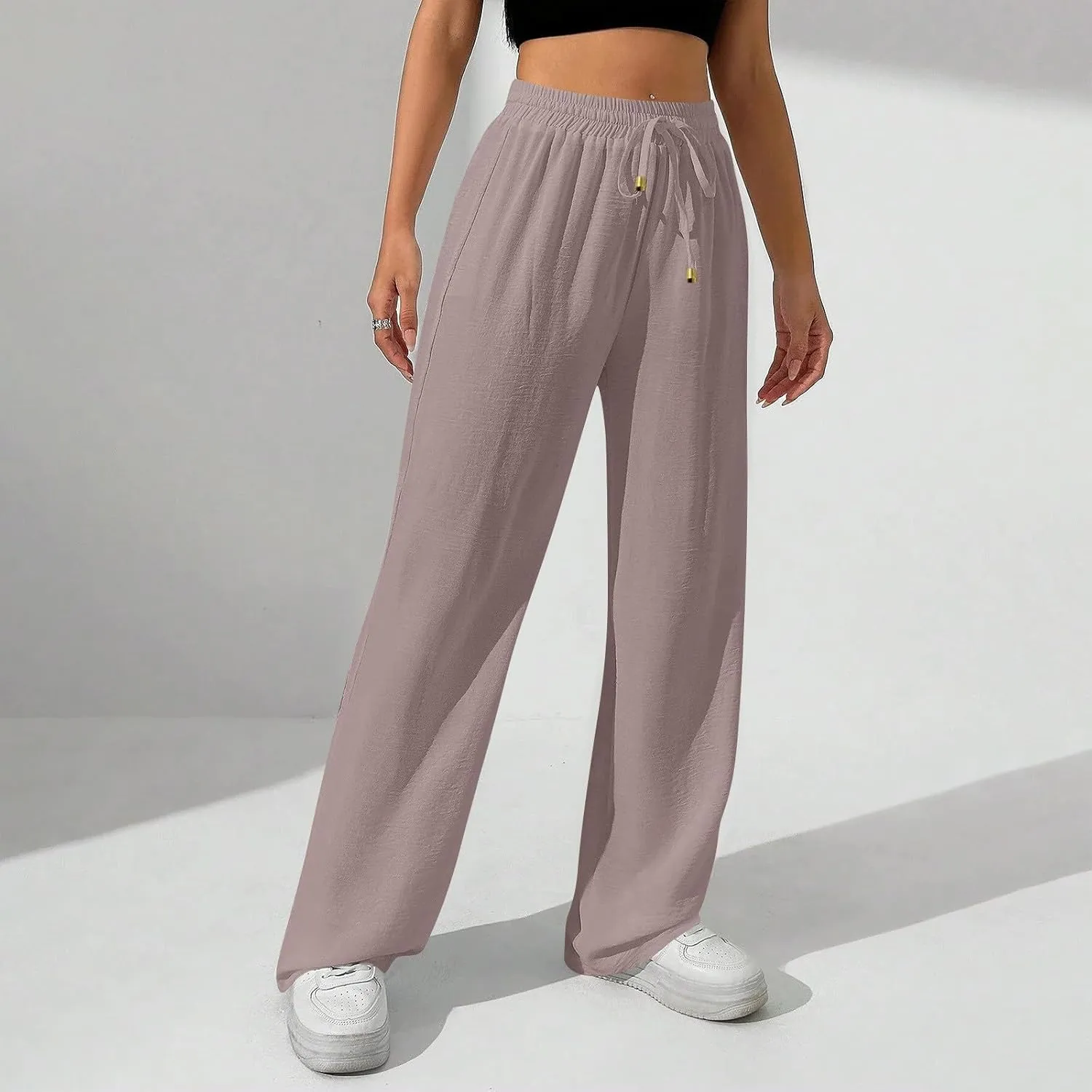 Flowy Linen Pants for Women Summer Wide Legs Pants Drawstring High Waisted Trouser Dressy Palazzo Pant with Pockets