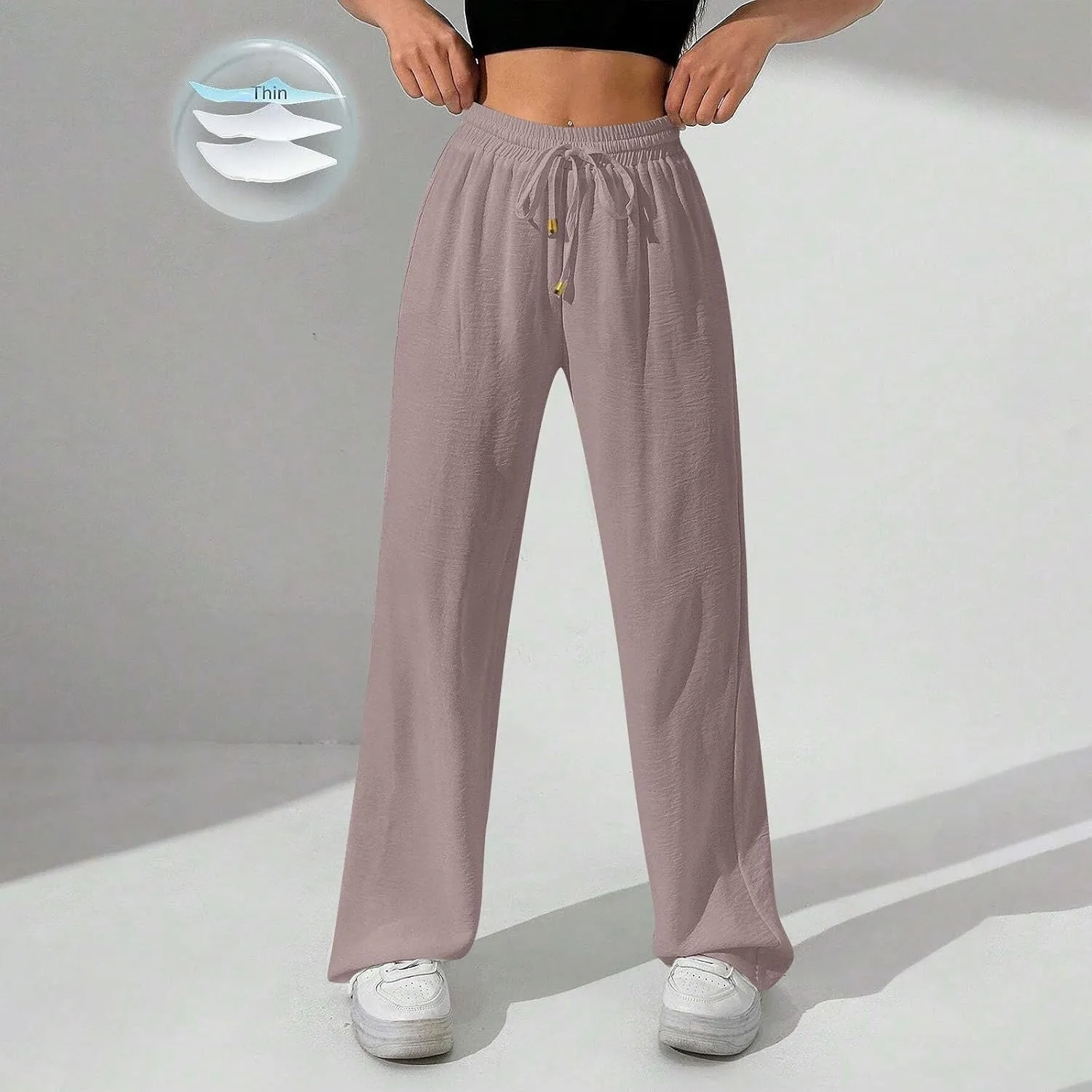 Flowy Linen Pants for Women Summer Wide Legs Pants Drawstring High Waisted Trouser Dressy Palazzo Pant with Pockets