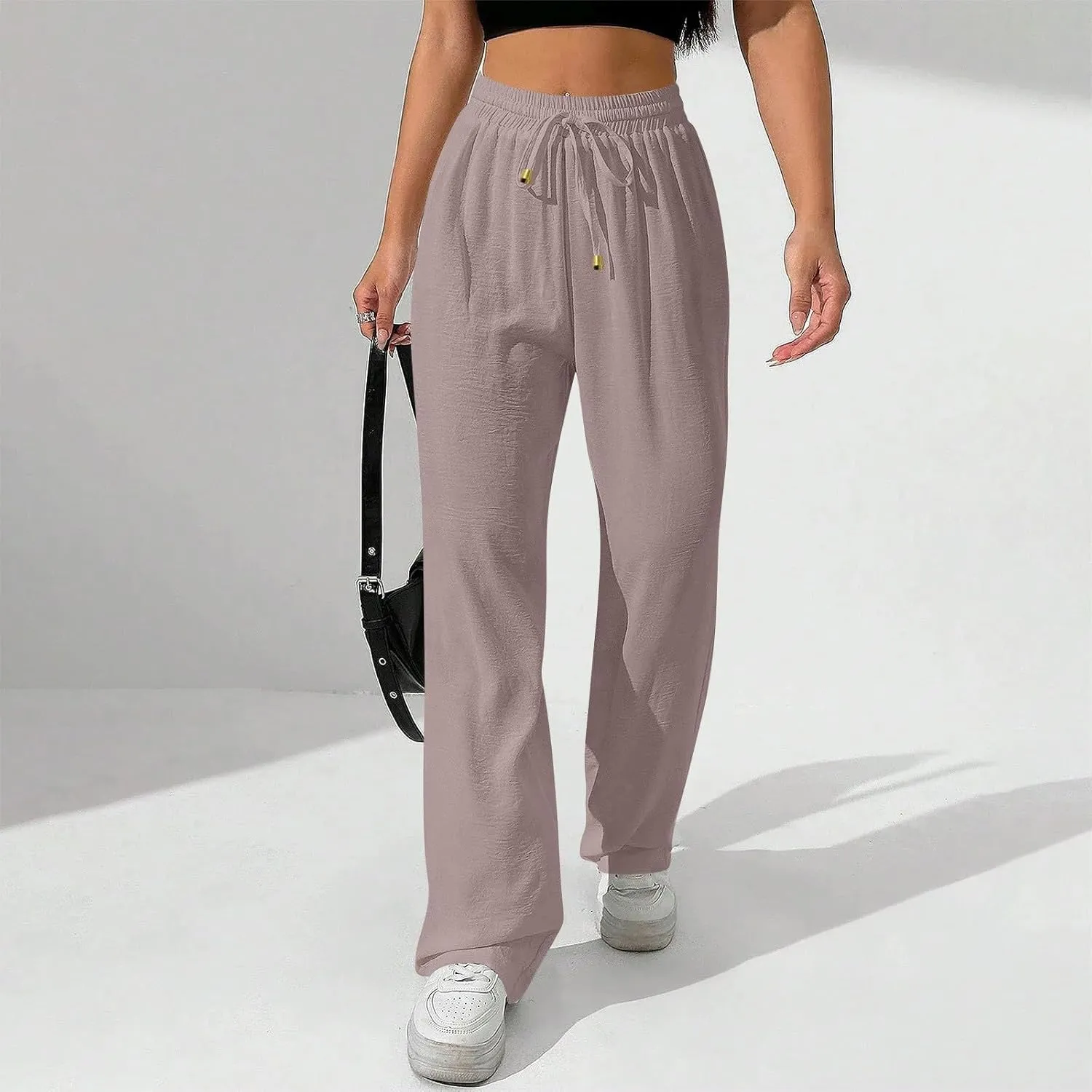 Flowy Linen Pants for Women Summer Wide Legs Pants Drawstring High Waisted Trouser Dressy Palazzo Pant with Pockets