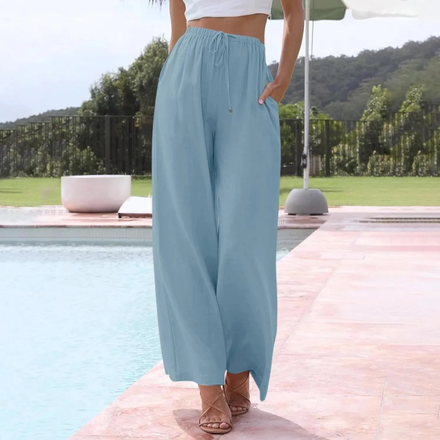 Flowy Linen Pants Women Summer Casual Loose Boho Beach Pants Drawstring High Waisted Palazzo Pants Beach Trousers