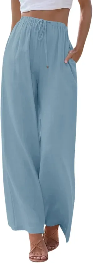 Flowy Linen Pants Women Summer Casual Loose Boho Beach Pants Drawstring High Waisted Palazzo Pants Beach Trousers