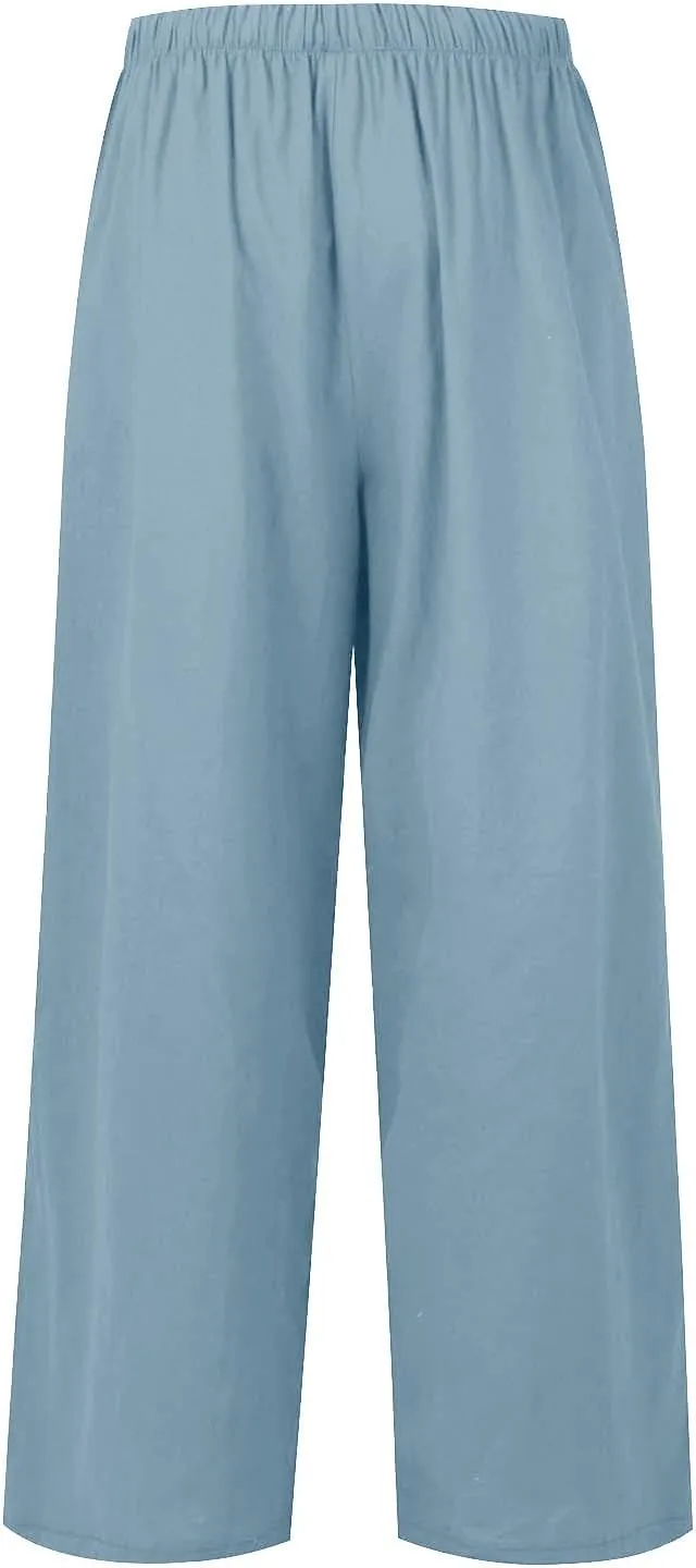 Flowy Linen Pants Women Summer Casual Loose Boho Beach Pants Drawstring High Waisted Palazzo Pants Beach Trousers