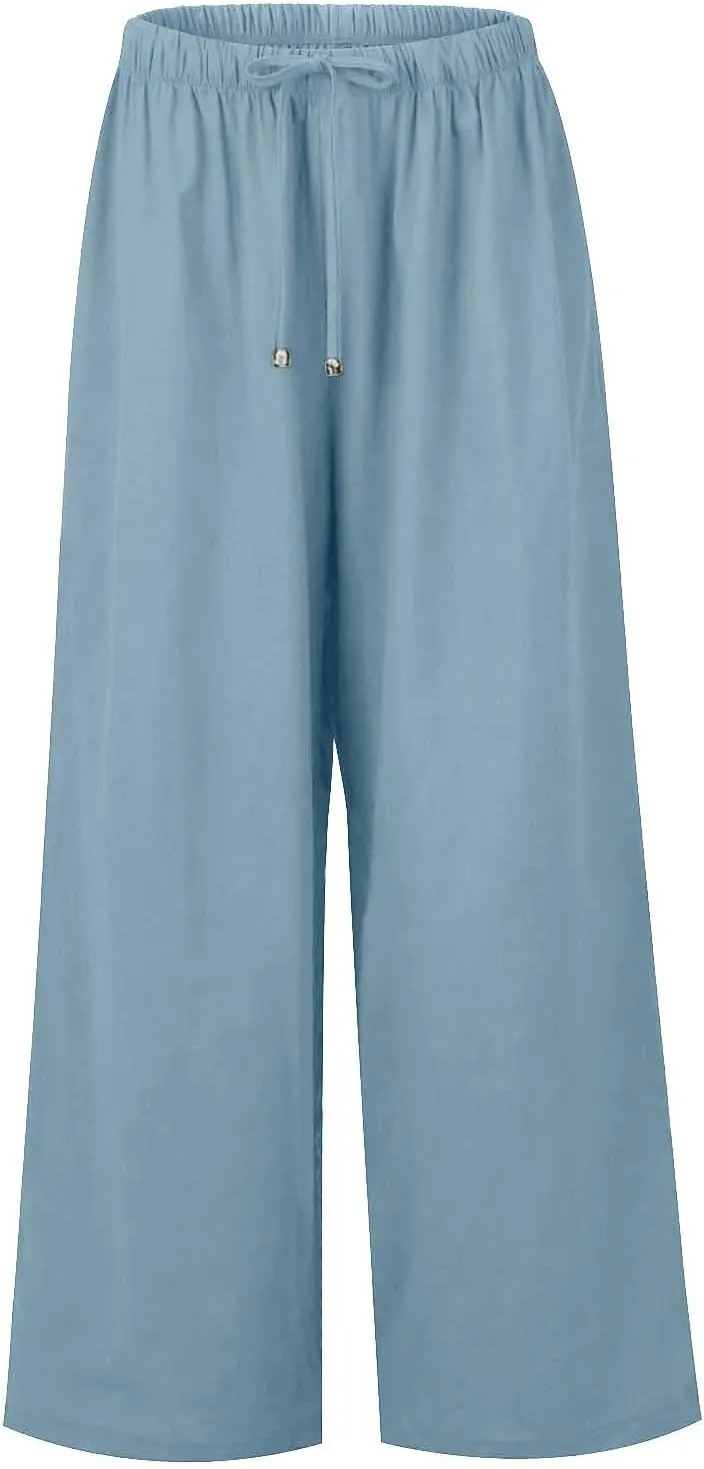 Flowy Linen Pants Women Summer Casual Loose Boho Beach Pants Drawstring High Waisted Palazzo Pants Beach Trousers