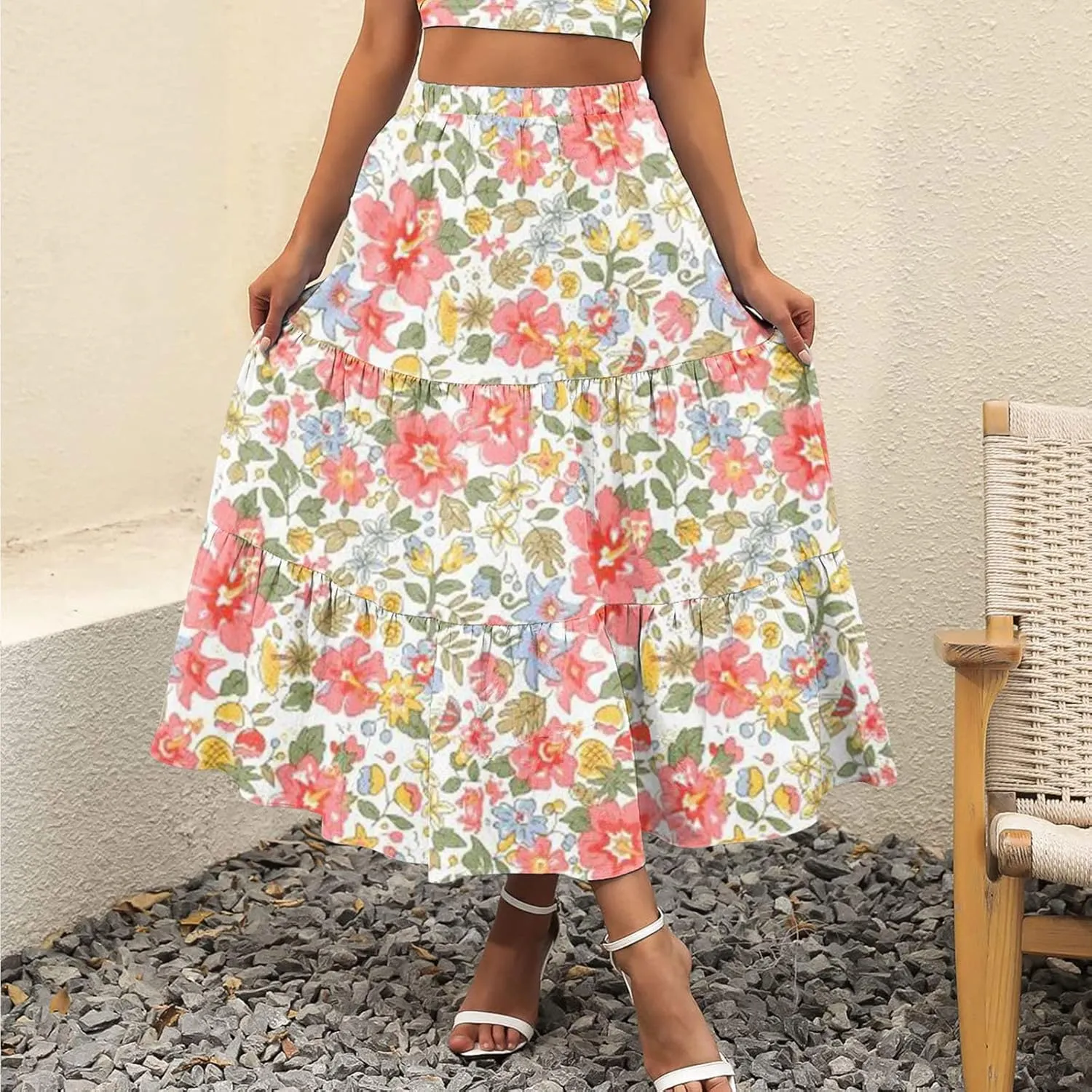 Flowy Pleated Maxi Midi Skirts for Women Casual Summer Boho Maxi Skirt Solid Color High Waisted Swing Tiered A-Line Skirt